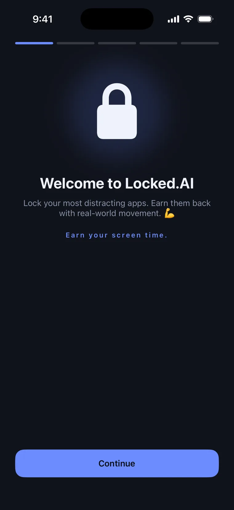 Locked.AI welcome screen: 'Lock your most distracting apps. Earn them back with real-world movement.'